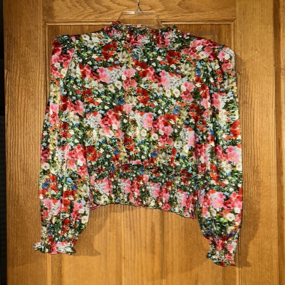 Zara Floral Smocked High-Neck Blouse in Red, Pink, Green - Picture 2 of 7
